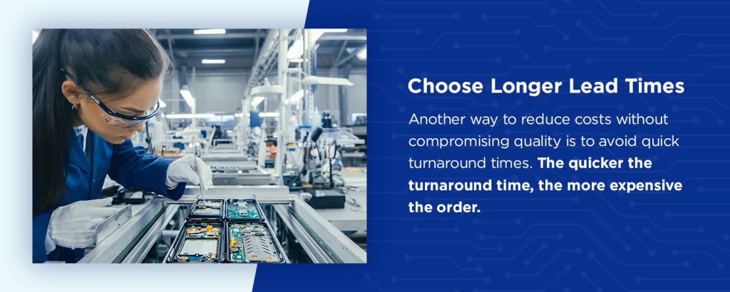 graphic with a description and info for how to reduce PCB costs is to avoid quick turnaround jobs