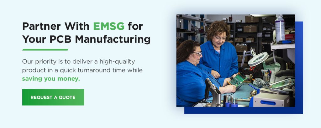 graphic showing two EMSG workers inspecting a printed circuit board and text for Partnering with EMSG and a request a quote link 